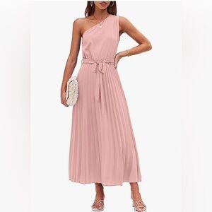 MEROKETTY ONE SHOULDER SLEEVELESS PLEATED FLOWY MAXI DRESS PINK NEW LARGE NO TIE